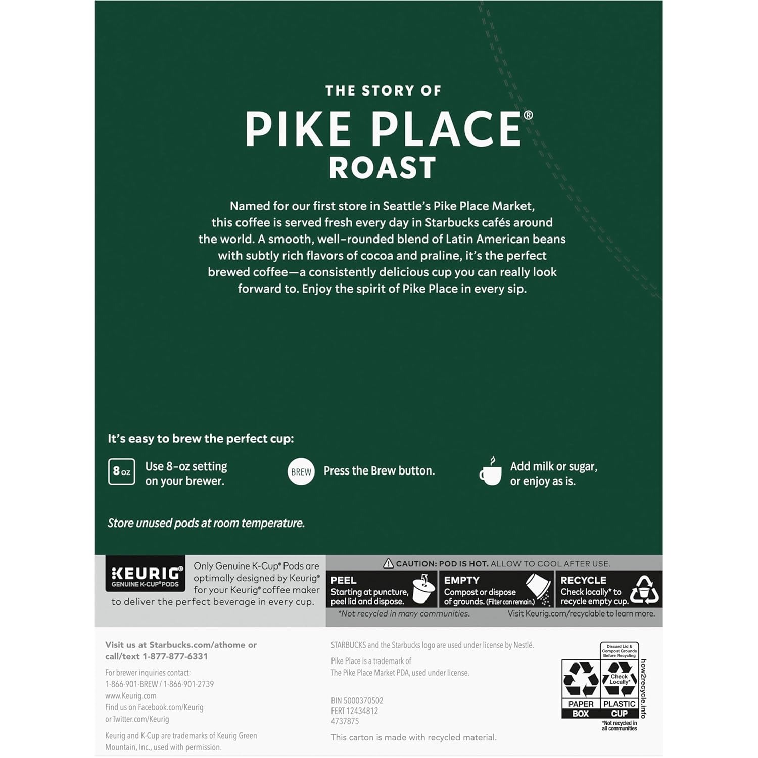 Starbucks K-Cup Coffee Pods, Medium Roast Coffee, Pike Place Roast for Keurig Brewers, 100% Arabica, 4 boxes (96 pods total) - Image 8